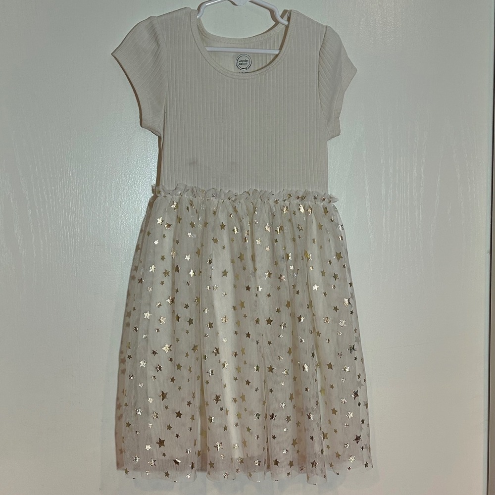 Wonder‎ Nation Girls Cream Tutu Dress Gold Foil Stars Ribbed Bodice Size S 6-6X